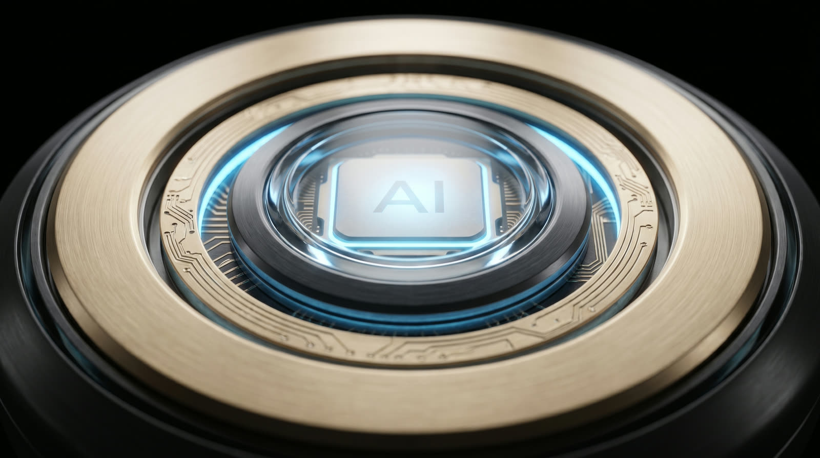 The AURORA X1 intelligence core — a machined glass-and-gold neural core glowing in a black void.